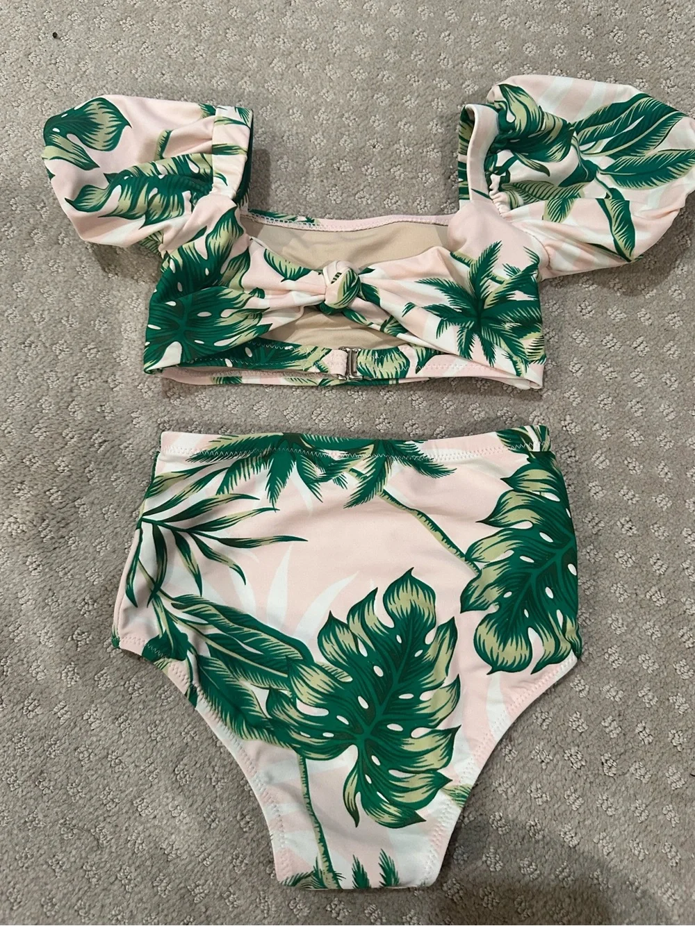 Toddler Tropical Leaf High-Waist Bikini Set - Pink & Green 3T
